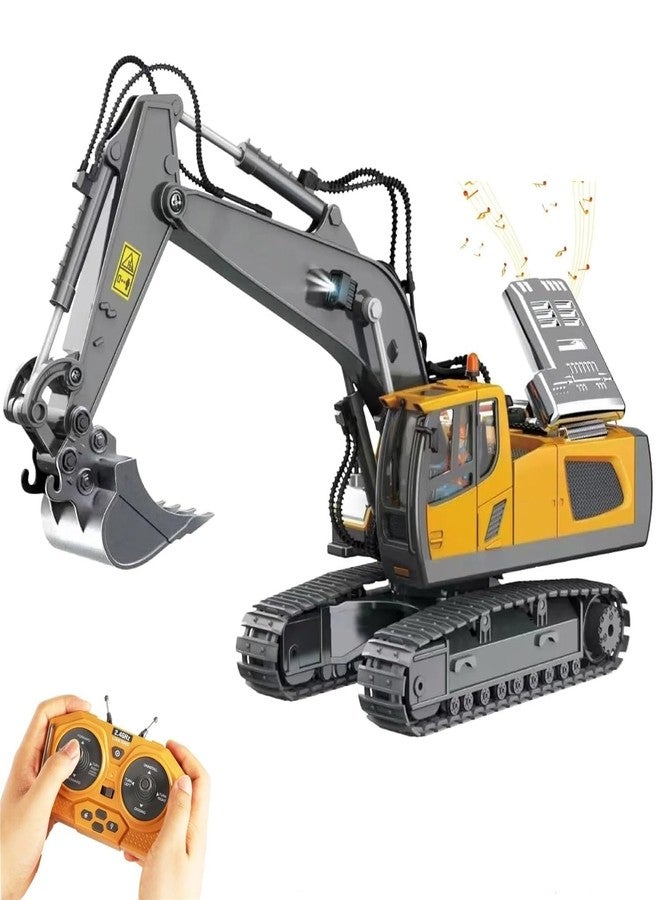 RABJET Mote Control Excavator Toys for Boys Age 6-12, Rechargeable 11 CH RC Construction Vehicles Truck with Sound Light Metal Shovel, Birthday for Kids 7 8 9 10+ Year Old (2.4 GHz) - Image 1